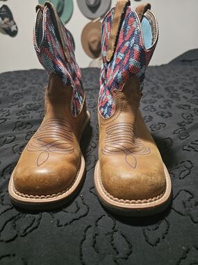 Ariat Tan Leather Heeled Boots with Red & Blue Patterned Shaft